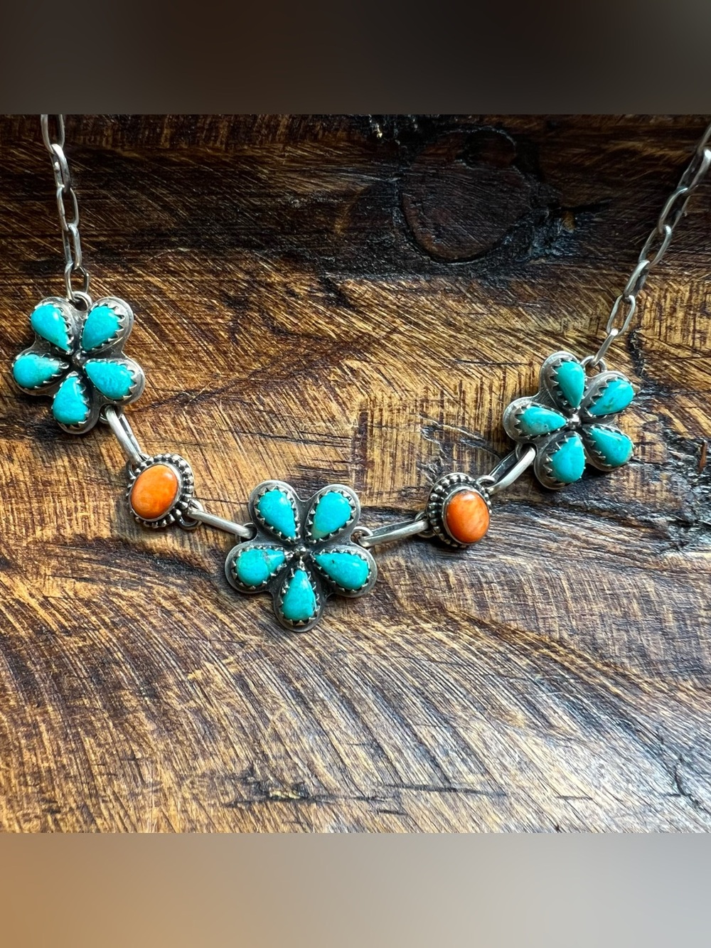 Sterling Silver Kingman Turquoise & Spiny Oyster Floral Choker Necklace